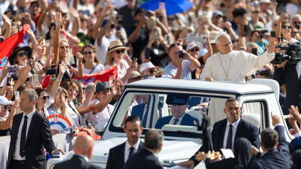 Pope Leo XIV waves from the popemobile as crowds of pilgrims cheer during his Wednesday general audience on Sept. 9, 2026, in St. Peter’s Square. | Credit: Daniel Ibanez/EWTN News