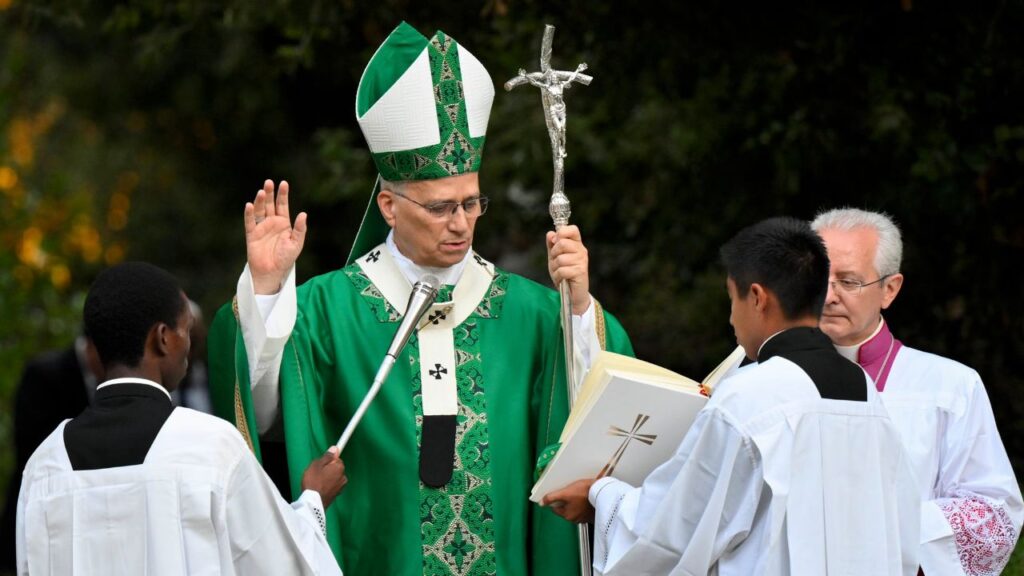 Pope Leo XIV prayers during the Mass for the World Day of Prayer for the Care of Creation on Sept. 1, 2026, in the Madonnina Garden of the Borgo Laudato Si’ within the pontifical gardens of Castel Gandolfo. | Credit: Vatican Media