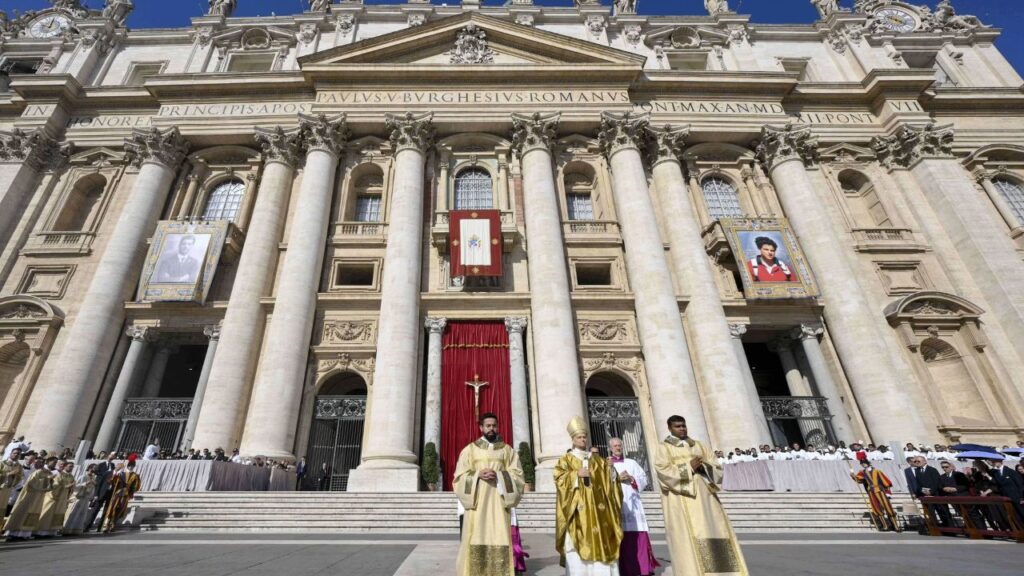 The facade of St. Peter’s Basilica during the canonization of Sts. Carlo Acutis and Pier Giorgio Frassati on Sept. 7, 2025. | Credit: Vatican Media