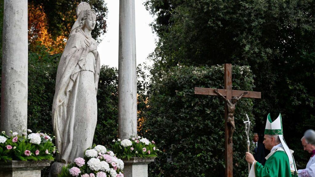 Pope Leo XIV prays at the Mass for the World Day of Prayer for the Care of Creation on Sept. 1, 2026, in the Madonnina Garden of the Borgo Laudato Si’ within the pontifical gardens of Castel Gandolfo. | Credit: Vatican Media