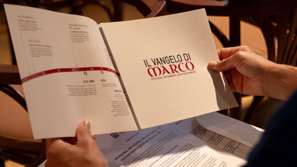 An information booklet for the exhibit “The Gospel of Mark: Seven Centuries. Three Fragments. One European Story,” open to visitors until April 25, 2027. | Credit: Photo courtesy of Tseng Kuang Yi