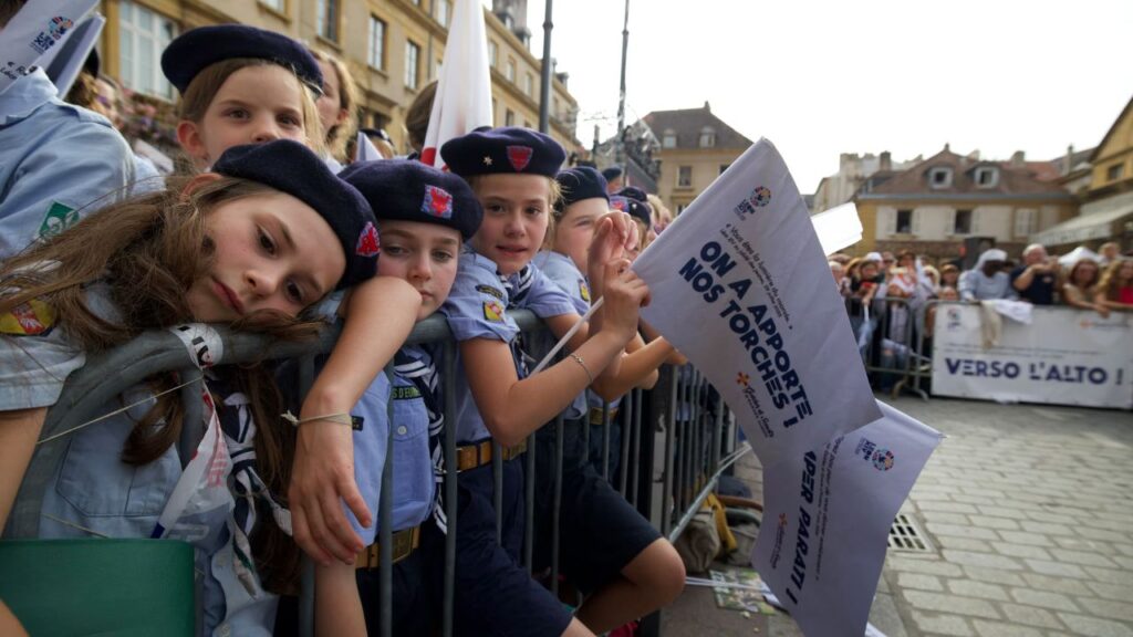 Young people wait for Pope Leo XIV to arrive outside the Cathedral of St. Stephen in Metz, France, on Sept. 28, 2026. | Credit: Daniel Ibáñez/EWTN News