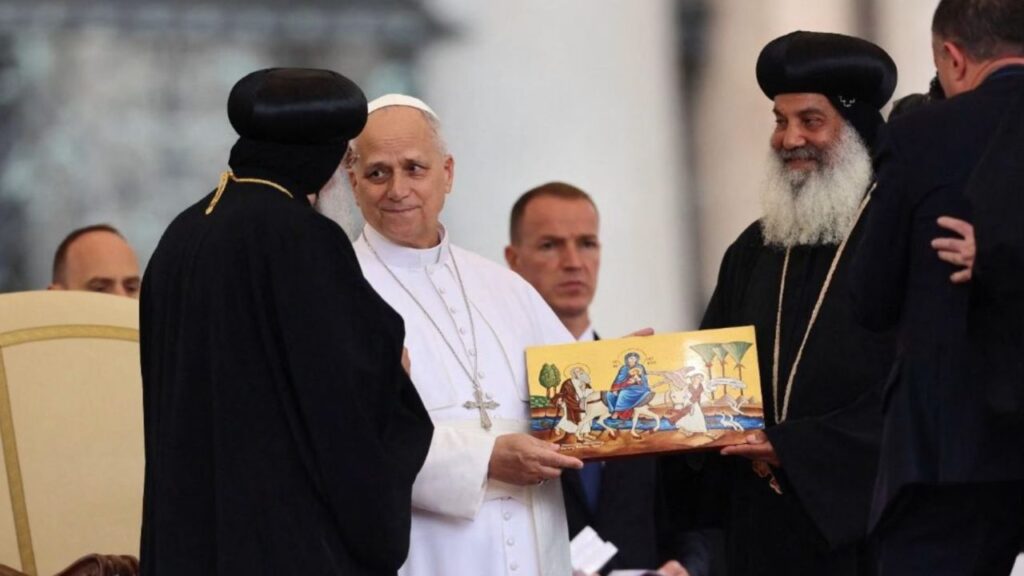 Pope Leo XIV with representatives of the Coptic Church in St. Peter’s Square. | Credit: Vatican Media