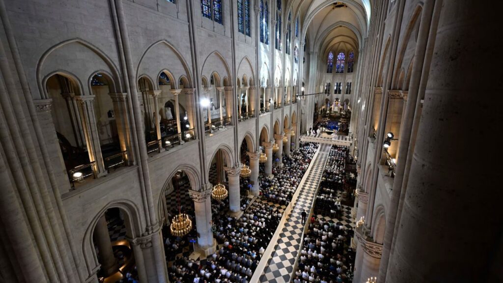 Worshipers pray at Notre-Dame Cathedral where Pope Leo XIV visited Sept. 25, 2026 to celebrate Vespers in the first papal visit since the 2019 blaze.| Credit: Vatican Media