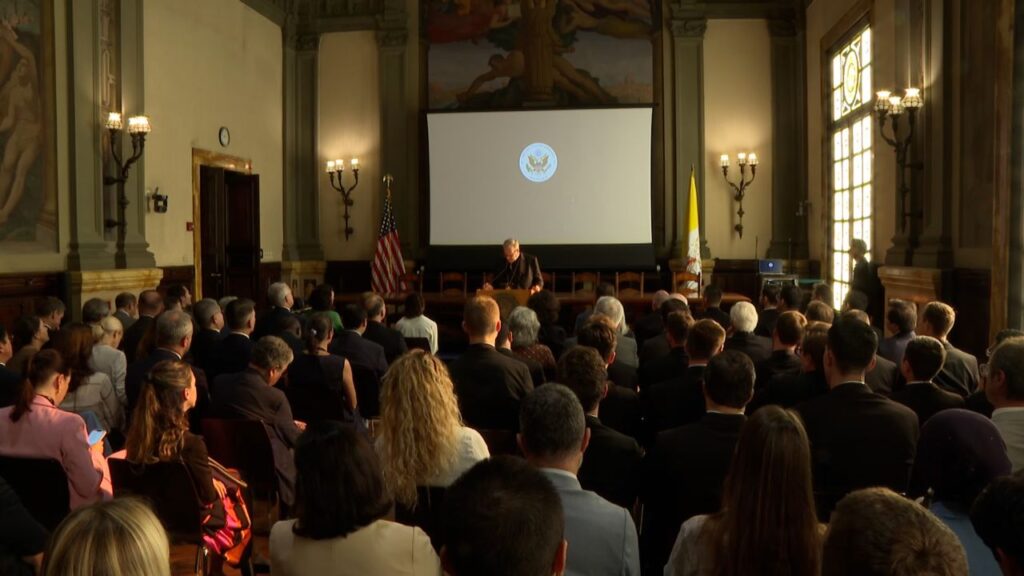Bishop Robert Barron of Winona-Rochester, Minnesota, speaks at the event “America at 250” at the U.S. Embassy to the Holy See in Rome on Sept. 30, 2026. | Credit: Alberto Basile/EWTN News