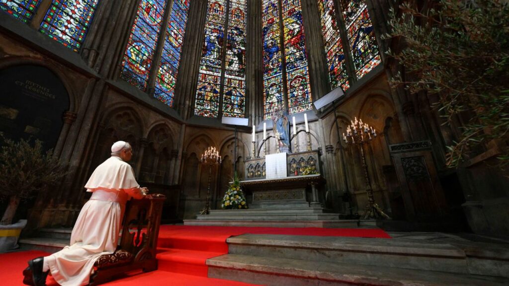 Pope Leo XIV prays at the Cathedral of St. Stephen on Sept. 28, 2026, in Metz, France. | Credit: Vatican Media