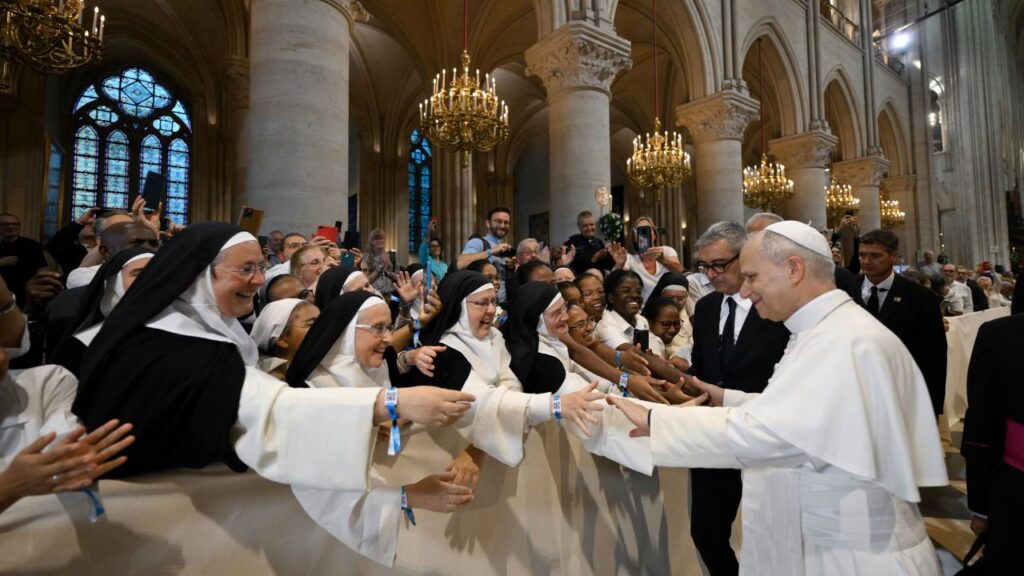 Pope Leo XIV greets sisters in Notre-Dame Cathedral on Sept. 25, 2026. | Credit: Vatican Media