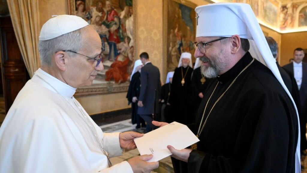 Pope Leo XIV greets Sviatoslav Shevchuk, primate of the Ukrainian Greek Catholic Church. | Credit: Vatican Media