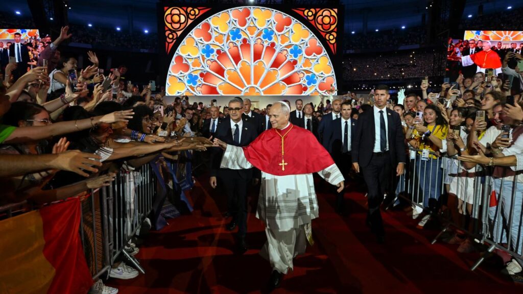 Young people greet Pope Leo XIV at a prayer vigil at Stade de France on Sept. 25, 2026 in Saint-Denis, France. | Credit: Vatican Media