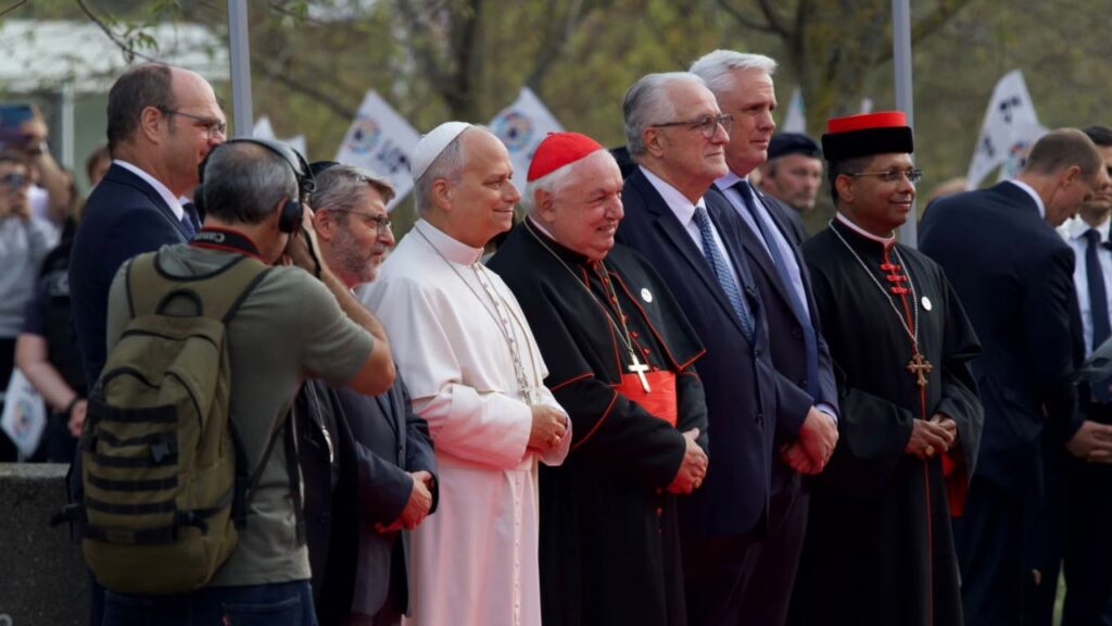 Pope Leo XIV stands with religious leaders at an interreligious meeting at the Robert Schuman Conference Center in Metz, France, on Sept. 28, 2026. | Credit: Daniel Ibáñez/EWTN News