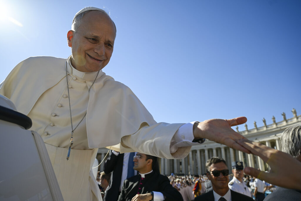 Pope Leo XIV reaches from the popemobile toward a pilgrim during his general audience in St. Peter’s Square on Sept. 2, 2026. | Credit: Vatican Media