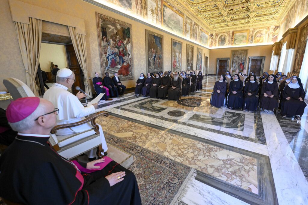 Pope Leo XIV addresses a delegation of the Federation of Capuchin Poor Clare Nuns of Italy at the Apostolic Palace in the Vatican on Sept. 21, 2026. | Credit: Vatican Media