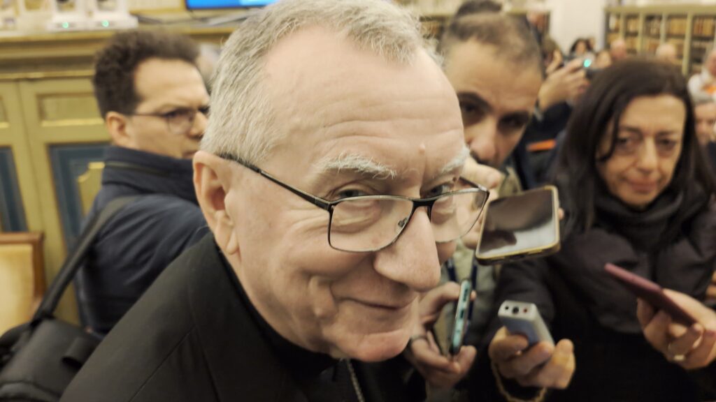 Cardinal Pietro Parolin, the Vatican secretary of state, answers questions from journalists during a conference at the Vatican Apostolic Library on March 26, 2026. | Credit: Ishmael Adibuah/EWTN News