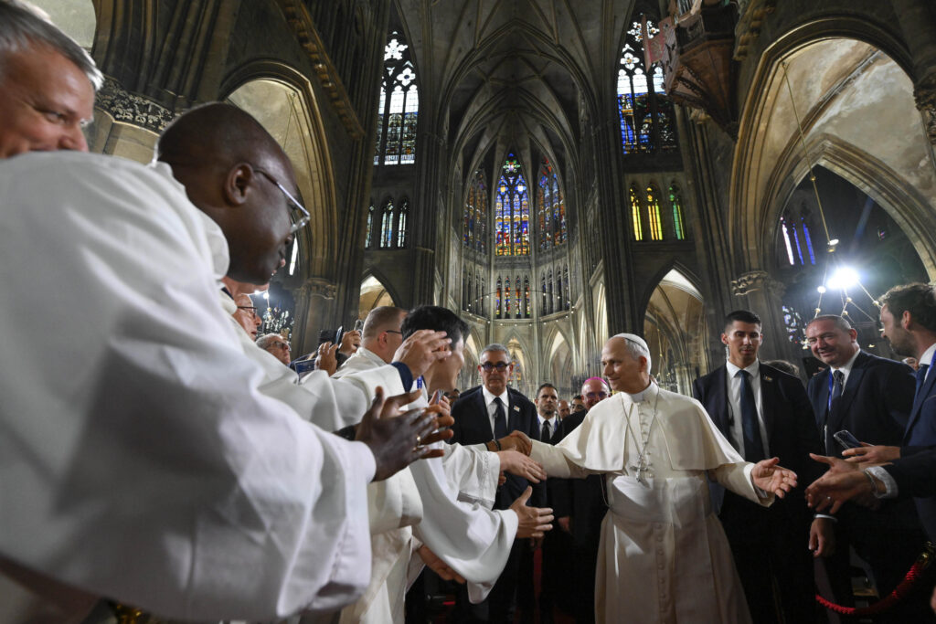 Pope Leo XIV greets the congregation ahead of Mass on Sept. 28, 2026, at the Cathedral of St. Stephen in Metz, France. | Credit: Vatican Media