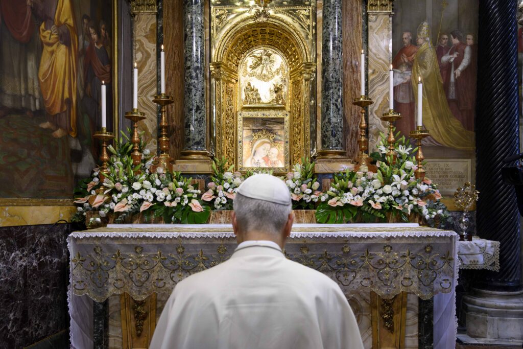 Pope Leo XIV venerates an image of the Virgin Mary at the Shrine of Our Lady of Good Counsel in Genazzano, Italy, on Sept. 7, 2026. | Credit: Vatican Media