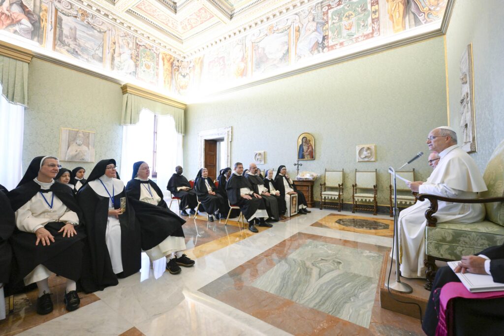 Pope Leo XIV addresses a delegation of the International Commission of Dominican Contemplative Nuns during a private audience at the Apostolic Palace in the Vatican on Sept. 30, 2026. | Credit: Vatican Media