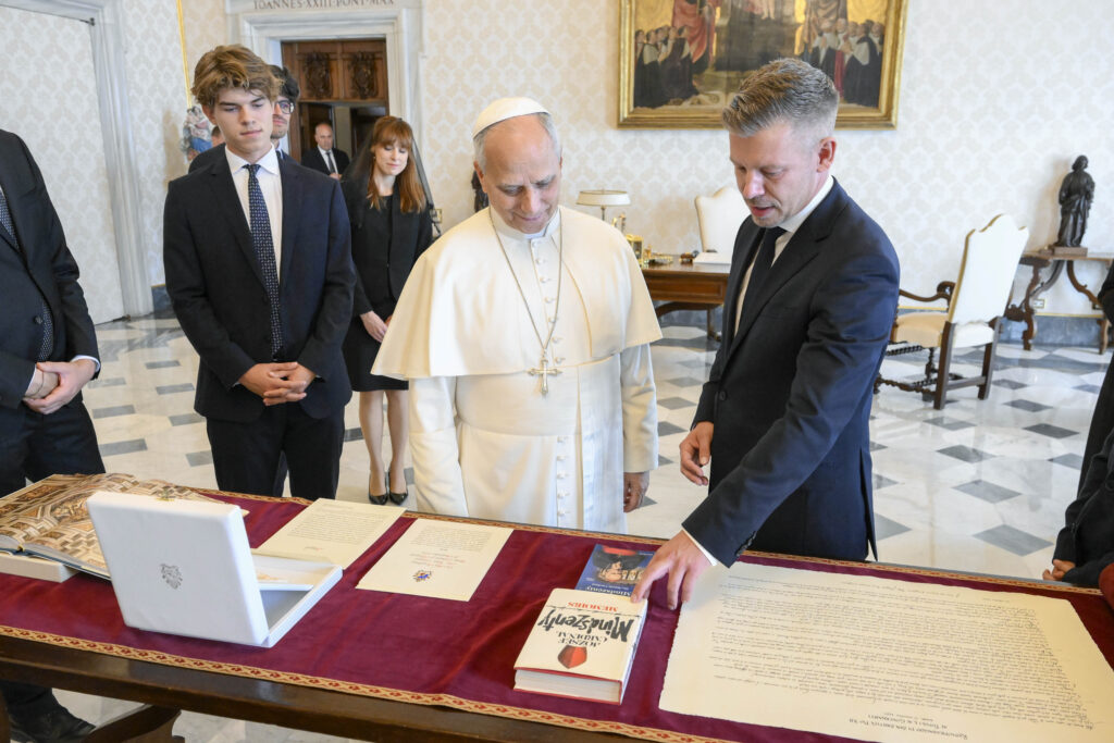 Hungarian Prime Minister Péter Magyar presents Pope Leo XIV with a book of memoirs by the late Cardinal József Mindszenty at the Vatican on Sept. 24, 2026. | Credit: Vatican Media
