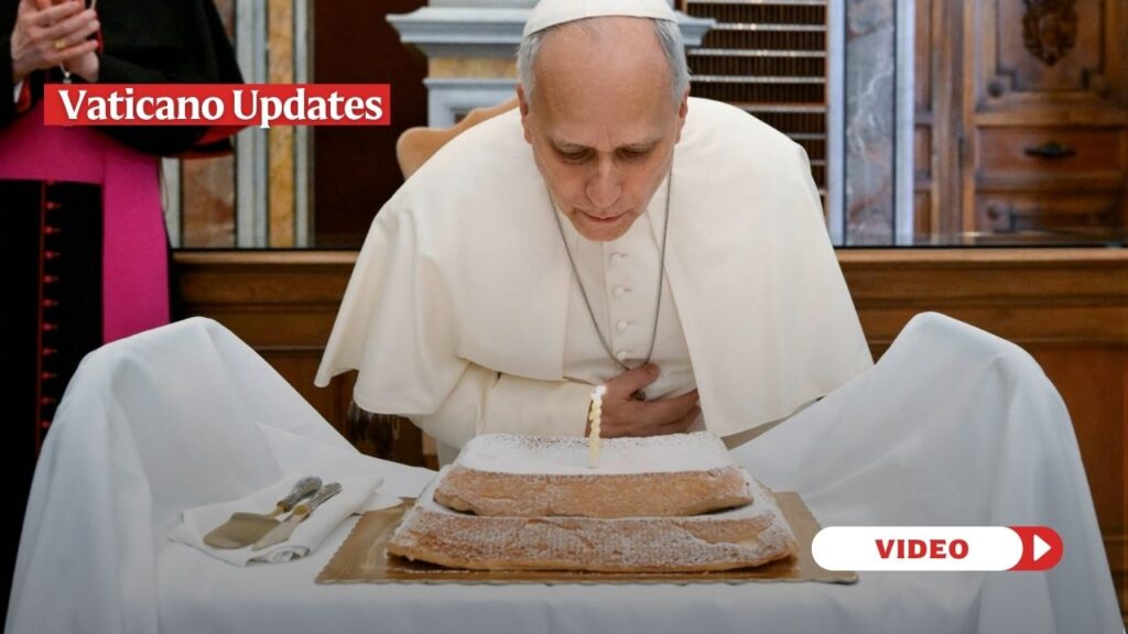 Pope Leo blows out his birthday cake candles on his 71st Birthday. Credit: Vatican Media