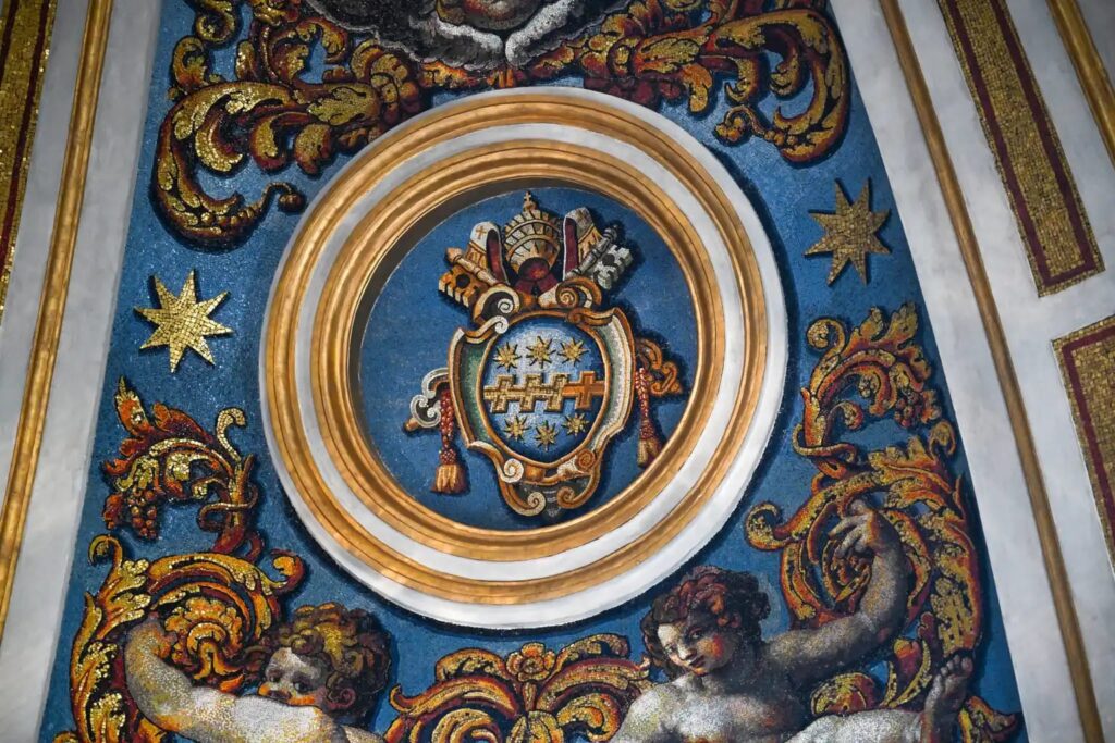 A mosaic depicting the coat of arms of Pope Clement VIII. It was one of the mosaics restored in the Clementine Chapel from May 2025 to September 2026. | Credit: Fabbrica di San Pietro
