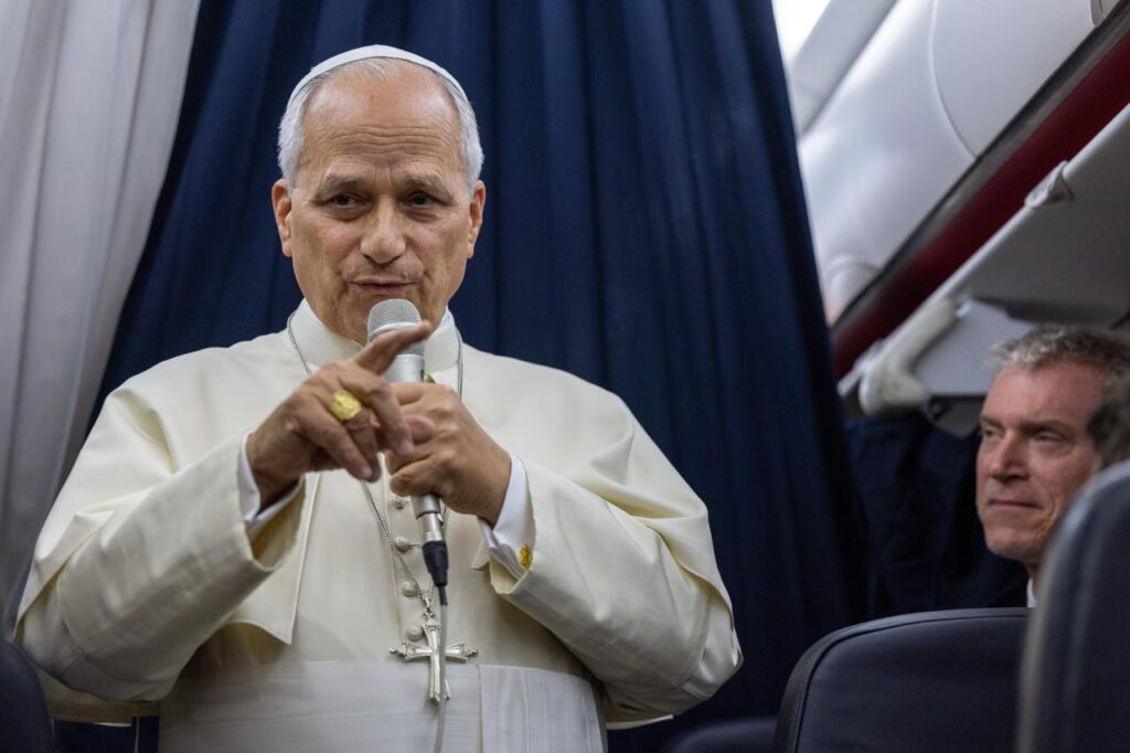 Pope Leo XIV speaks to reporters on his flight from Metz, France, to Rome on Sept. 28, 2026. | Credit: Daniel Ibáñez/EWTN News