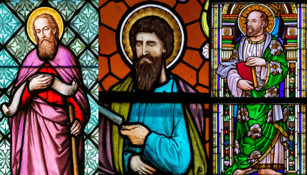 From left to right: Stained glass depictions of St. James the Lesser, St. Bartholomew, and St. Matthias. | Credit: jorisvo/Shutterstock / Joan Sutter/Shutterstock / Renata Sedmakova/Shutterstock