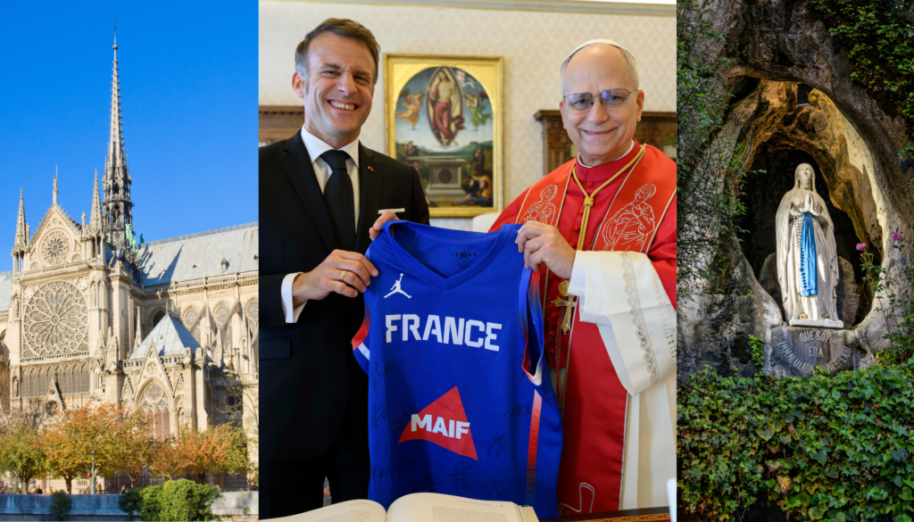 From left to right: The Notre-Dame Cathedral; French President Emmanuel Macron presents Pope Leo XIV with a French national basketball team jersey during an audience on April 10, 2026, at the Vatican; the famous statue of the Blessed Virgin Mary in an upper rock niche inside the Grotto of Massabielle within the Sanctuary of Our Lady of Lourdes. | Credit: Anastasia Collection via Canva Pro; Vatican Media; Regan Dsouza from Pexels via Canva Pro