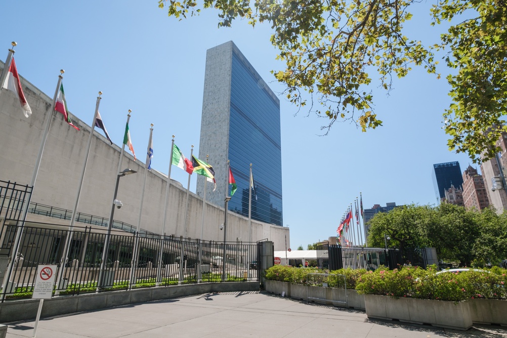 Flags fly at the United Nations headquarters in New York City, Sept. 16, 2025. | Credit: Chen Fangxiang/Shutterstock