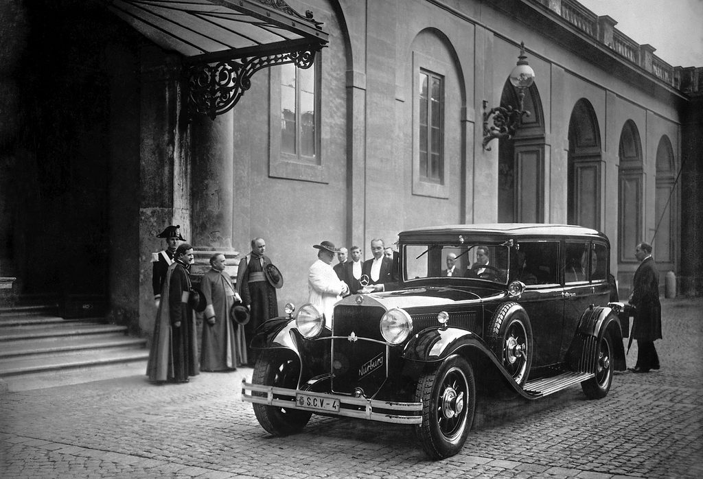 Pope Pius XI used the Nürburg 460 Pullman, made by Mercedes-Benz, as the first official automobile to transport the pope. | Credit: Photo courtesy of the Vatican Museums