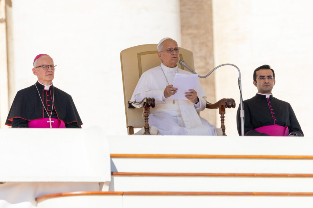 Pope Leo XIV speaks on the human community as described in “Gaudium et Spes” during his weekly general audience address in St. Peter’s Square on Sept. 16, 2026. | Credit: Daniel Ibáñez/EWTN News