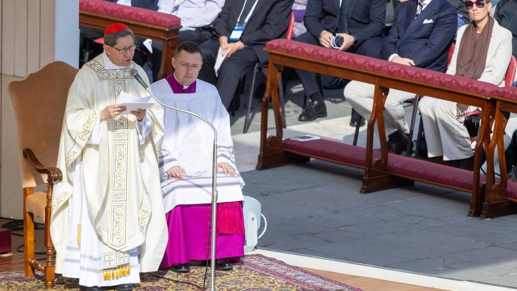 Cardinal Luis Antonio Tagle celebrates Mass in St. Peter’s Square on Oct. 14, 2026, in place of Pope Leo XIV for the closing of a meeting marking 10 years of Amoris Laetitia. | Credit: Daniel Ibáñez/EWTN News