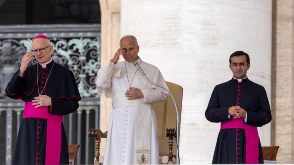 The pope crosses himself at the general audience in St. Peter’s Square on Wednesday, Oct. 7, 2026. | Credit: Daniel Ibañez/EWTN News