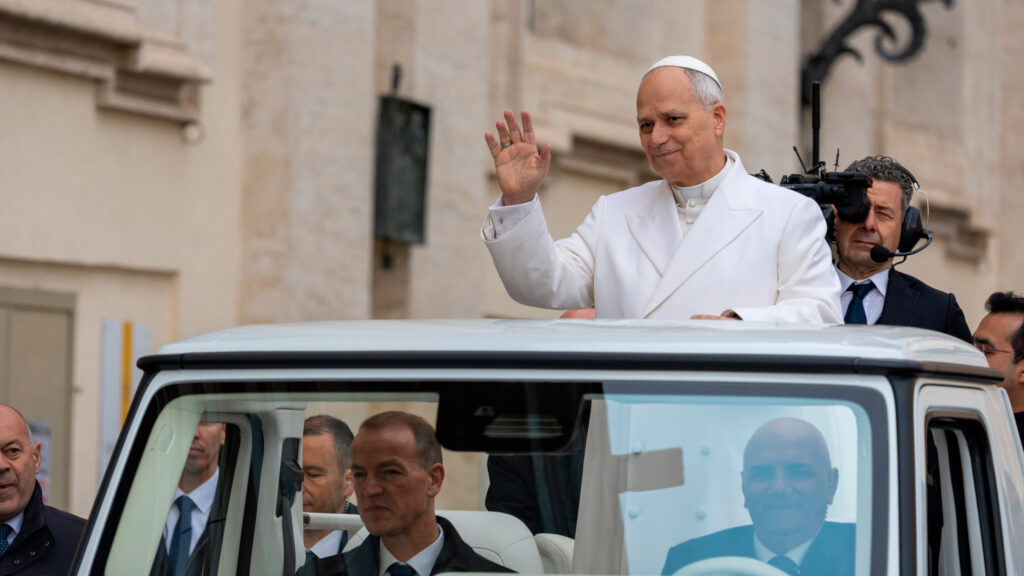 Pope Leo XIV waves on Oct. 21, 2026 at the first General Audience following his lung cancer surgery. | Credit: Daniel Ibáñez/EWTN News.