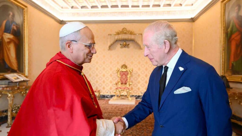 Pope Leo XIV greets King Charles III of England during his state visit to the Vatican in October 2025. | Credit: Vatican Media