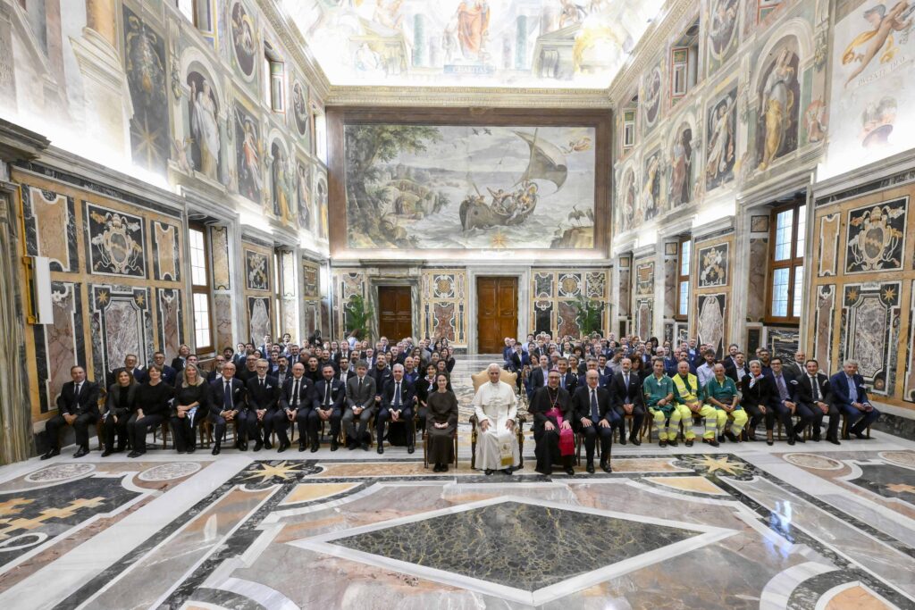 Pope Leo XIV receives a delegation from the Hera Group, an Italian business conglomerate specializing in environmental services, waste management, and the integrated water and energy cycle, at the Vatican on Oct. 1, 2026. | Credit: Vatican Media