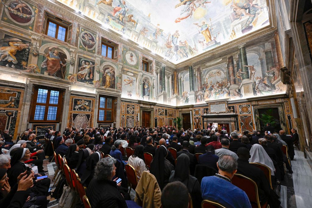 Pope Leo XIV delivers remarks during a private audience at the Apostolic Palace in the Vatican with participants in the “Holiness in History” conference on Oct. 21, 2026. | Credit: Vatican Media