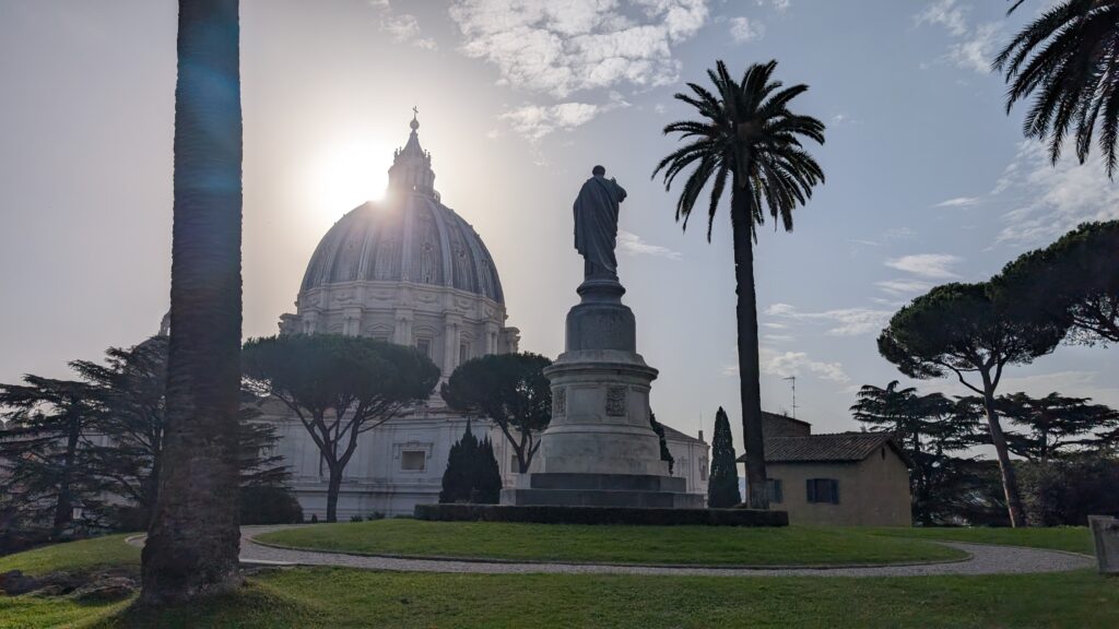 Statue of St. Peter in the Vatican Gardens overlooking St. Peter's Basilica | Credit: Ishmael Adibuah/EWTN News