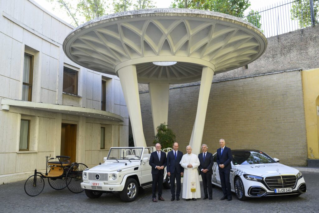 Pope Leo XIV with some executives of Mercedes-Benz after his private audience with them at the Vatican on Oct. 28, 2026. | Credit: Vatican Media