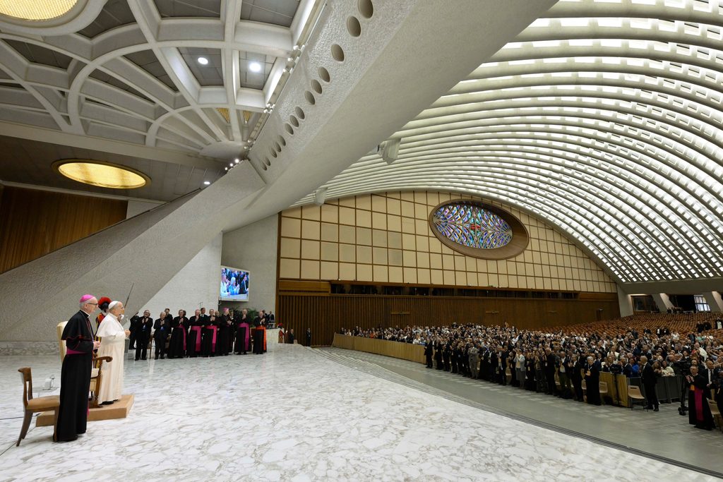 Pope Leo XIV addresses educators and others involved in pastoral ministry at schools about their role in helping young people face the “merciless” culture of comparison today, during the first day of a congress at the Vatican on Oct. 22, 2026. | Credit: Vatican Media