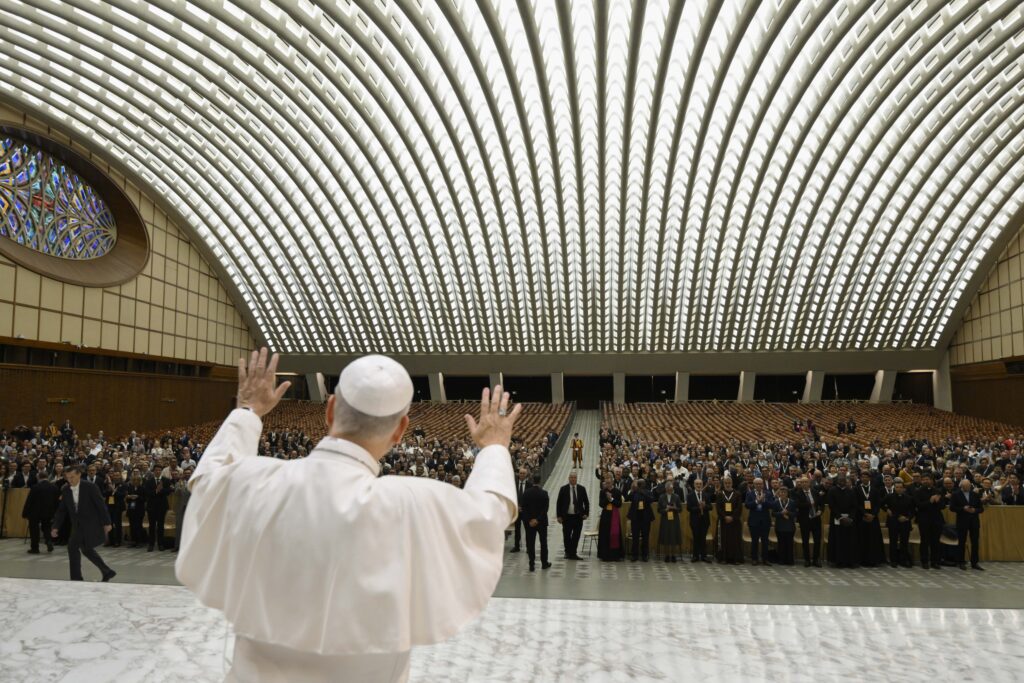 Pope Leo XIV greets participants of an international congress on pastoral ministry in schools and universities during an audience in the Vatican’s Paul VI Hall on Oct. 22, 2026. | Credit: Vatican Media