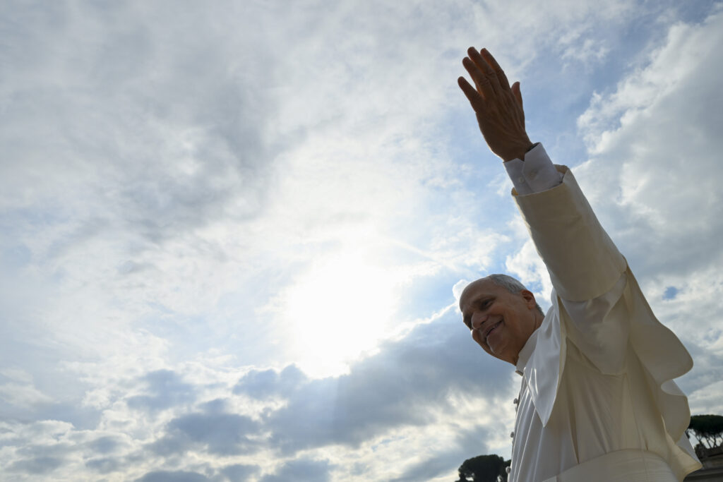 Pope Leo XIV points his hand to the sky as he waves to pilgrims in St. Peter’s Square during his weekly general audience on Sept. 23, 2026. | Credit: Vatican Media