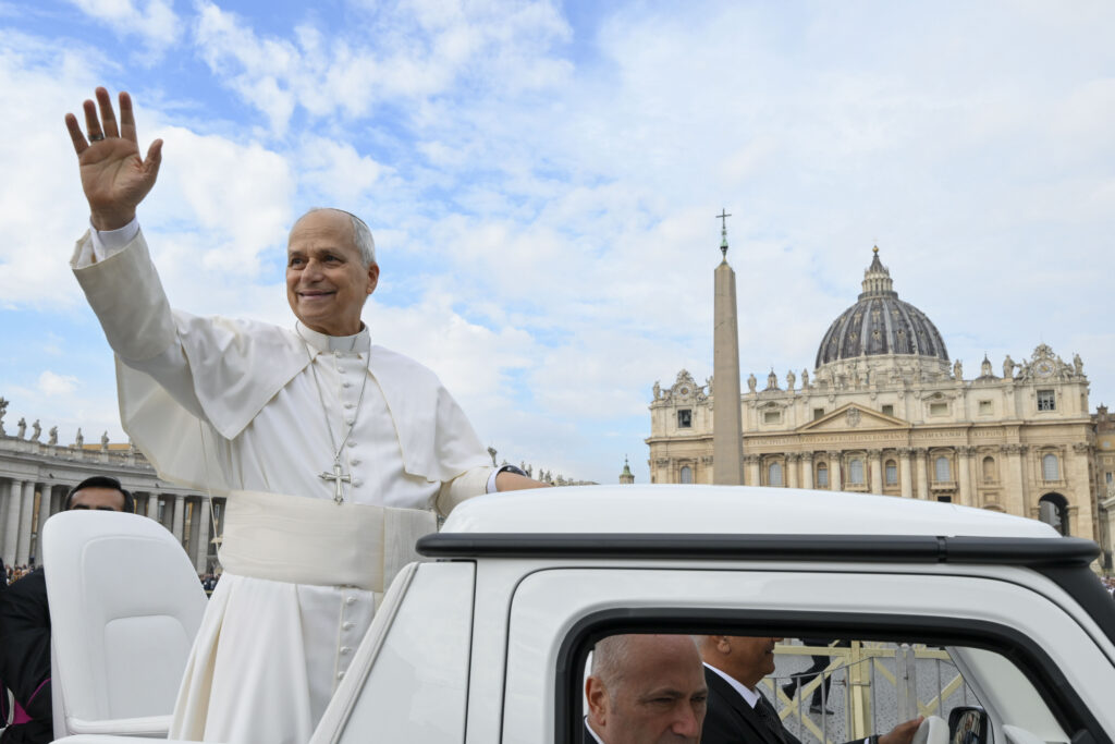 Pope Leo XIV, with St. Peter’s Basilica behind him, waves to pilgrims during his weekly general audience in St. Peter’s Square on Sept. 23, 2026. | Credit: Vatican Media