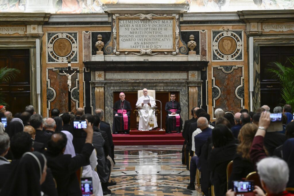 Pope Leo XIV delivers remarks during a private audience at the Apostolic Palace in the Vatican with participants in the “Holiness in History” conference on Oct. 21, 2026. | Credit: Vatican Media