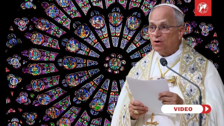 Pope Leo preaching his homily at Vespers in Notre-Dame Cathedral in Paris, September 25, 2026. Credit: Daniel Ibanez | EWTN Vatican. Image created in Canva.