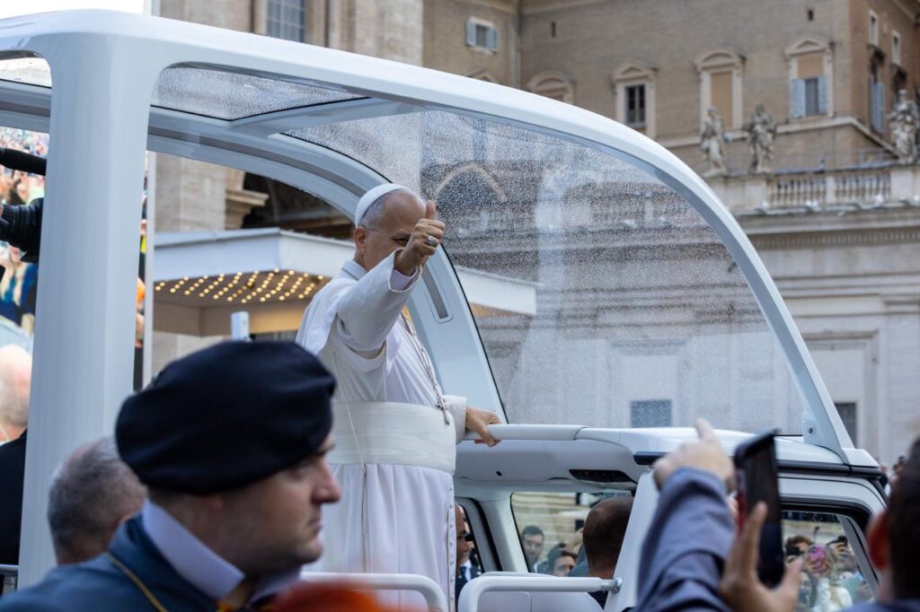 Pope Leo XIV takes his first ride in the popemobile post-lung surgery during the weekly general audience in St. Peter’s Square on Oct. 21, 2026. | Credit: Daniel Ibañez/EWTN News