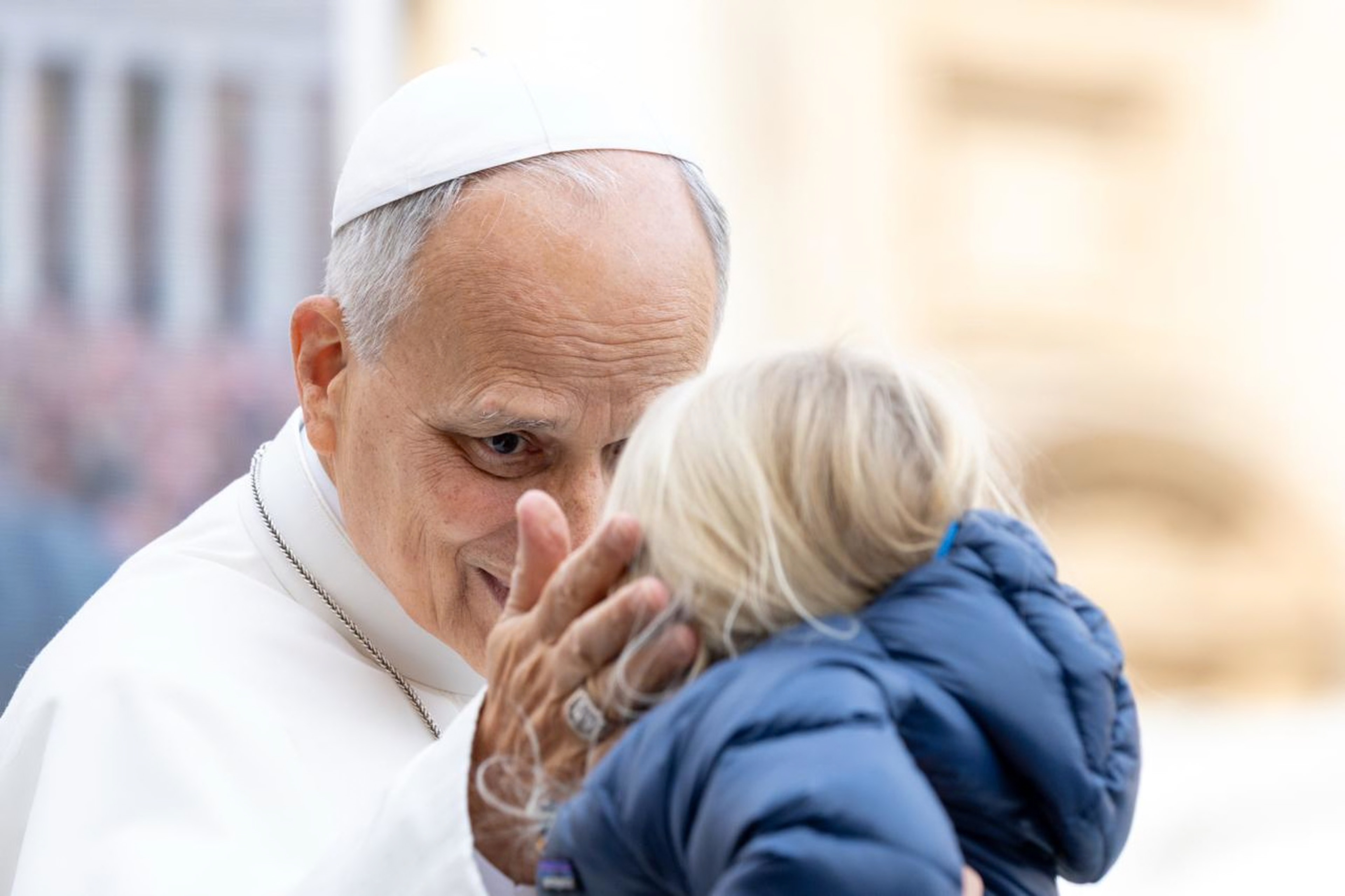 Pope Leo XIV blesses a child during his weekly general audience in St. Peter’s Square on Oct. 28, 2026. | Credit: Daniel Ibáñez/EWTN News
