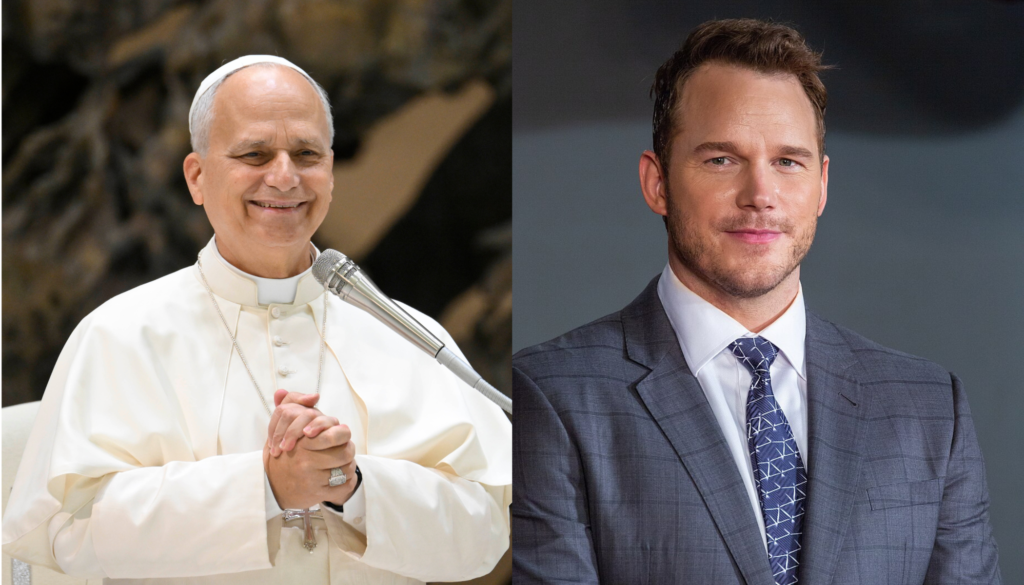 From left to right: Pope Leo XIV and actor Chris Pratt. | Credit: Vatican Media; Dick Thomas Johnson from Tokyo, Japan, via Wikimedia Commons