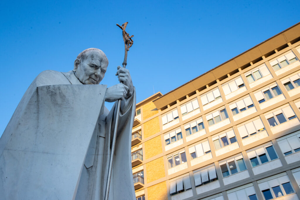 A statue of St. John Paul II stands outside Gemelli Hospital in Rome. | Credit: Daniel Ibañez/EWTN News