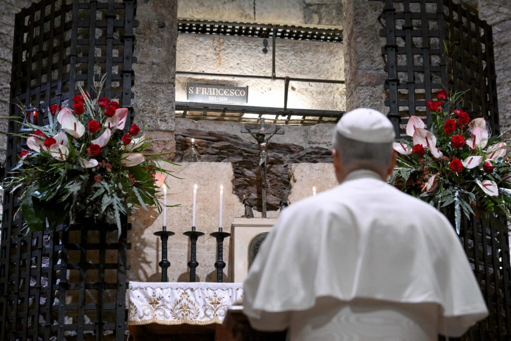 Pope Leo XIV visits the tomb of St. Francis in Assisi, Italy, on Nov. 20, 2025. | Credit: Vatican Media
