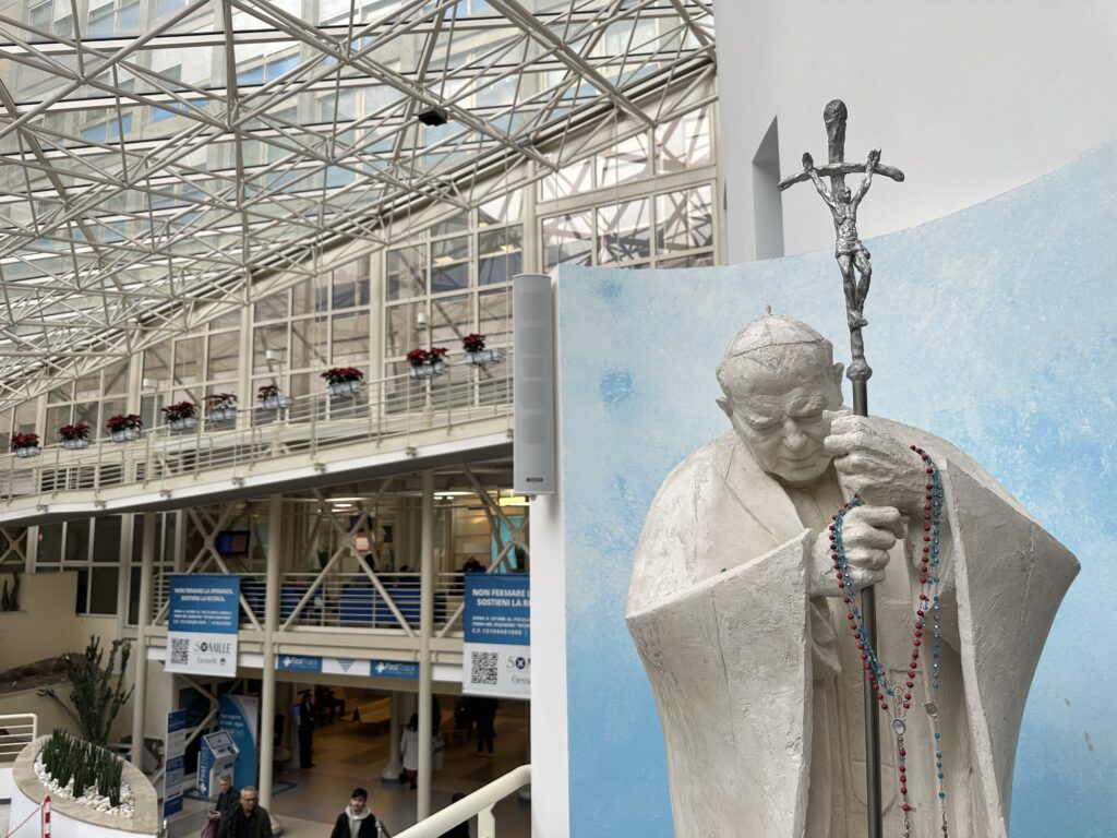 The chapel at Gemelli Hosptial in Rome bears the name and contains a relic of a pope who knew these corridors well: St. John Paul II. He and Pope Francis were both treated at the hospital. | Credit: Courtney Mares/EWTN News