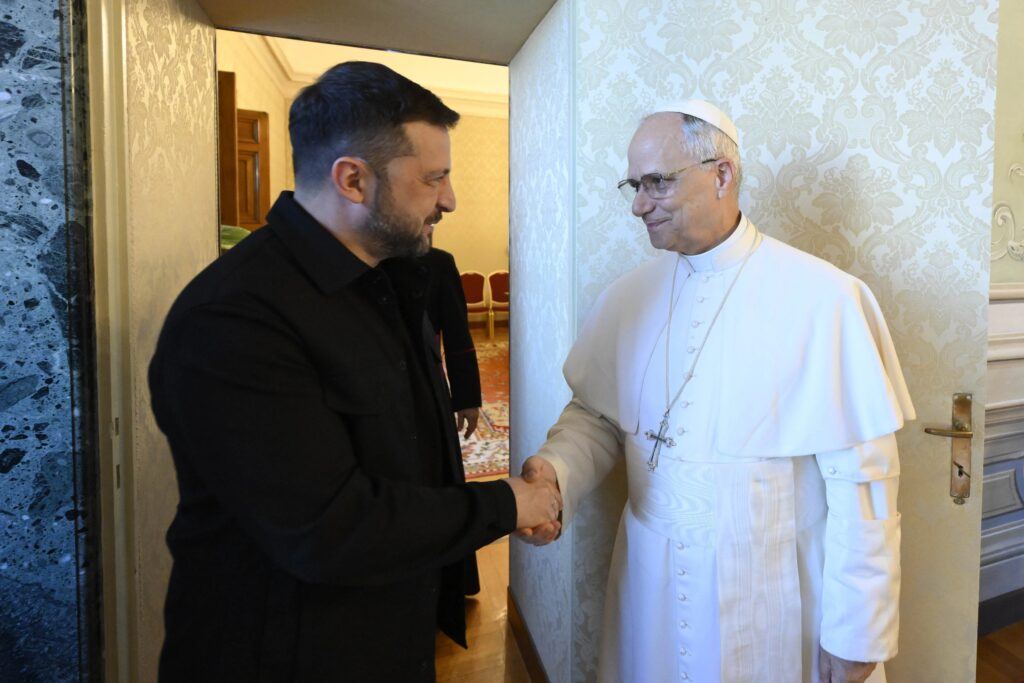 Pope Leo XIV greets Ukrainian President Volodymyr Zelenskyy at Castel Gandolfo on July 9, 2025. | Credit: Vatican Media